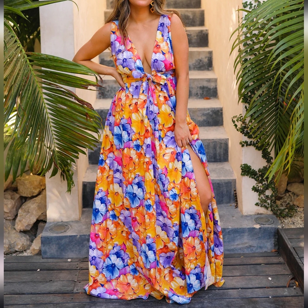 Nwt Colorful Buddy Love Dress. Buddy Love Orange And Blue Plunge Maxi Sundress